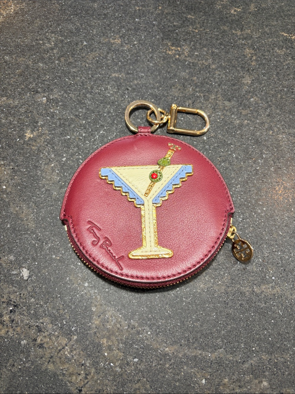 Tory Burch Burgundy Leather Martini Coin Pouch Key Holder with Gold Hardware